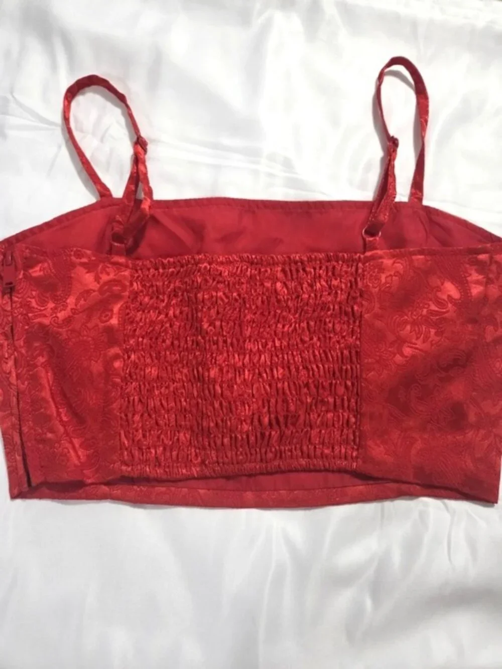Sugar Thrillz Red Satin Corset Crop Top Lace Jacquard Bustier M - Picture 7 of 7